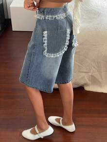 DAZY Quần short jean lửng ống đứng, rách rưới, phối ren tương phản, kiểu dáng thường ngày, thích hợp cho kỳ nghỉ hè của nữ giới, phong cách Y2K. - Màu xanh lam - Xem 6