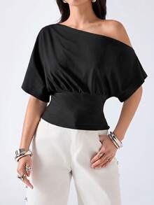 LYSMO Women's Solid Color Asymmetric Collar Lace Patchwork Short Sleeve T-Shirt - Black - View 4