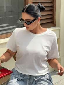 Livesso 大码女式纯色休闲圆领百搭短袖白色T恤，春夏款 - 白色 - 查看 4