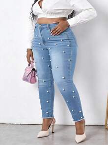 Plus High Waist Pearls Beaded Raw Cut Skinny Jeans - Light Wash - View 4