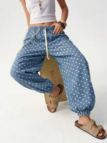 Bohemela Casual Woven Polka Dot Pattern Drawstring Loose Women Pants Beach Blue Autumn - Light Wash - View 2
