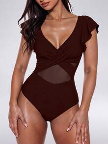 Swim Basics Women's Summer Beach Casual Vacation Outfit, Ruffled Sleeve, Criss-Cross Front, Coffee Color Solid Mesh Splice Sexy One-Piece Swimsuit - Brown - View 3