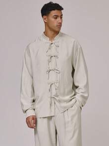 Musero Relaxed Fit Long Sleeve Dropped Shoulder Oriental Style Neckline Tie Front Shirt Spring Summer Holiday Essentials - Grey - View 1