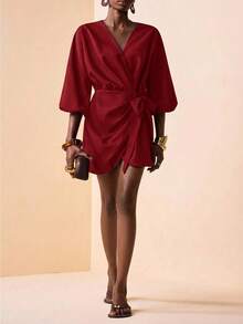 Zivah Women's Solid Color V-Neck Knot Waist Casual Party Mini Dress - Red - View 3