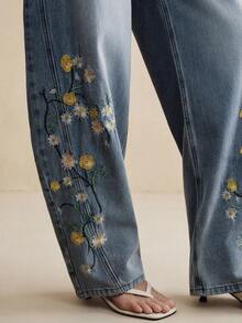 Anewsta Quần jeans ống loe màu xanh dương sang trọng thêu hoa dành cho nữ, thích hợp cho mùa xuân/hè, phong cách lãng mạn, dự tiệc hoặc đi nghỉ mát. - Màu xanh lam - Xem 2