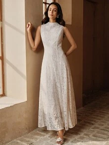 Anewsta 女士无袖长款蕾丝米色连衣裙，夏季新品 - 米色 - 查看 1