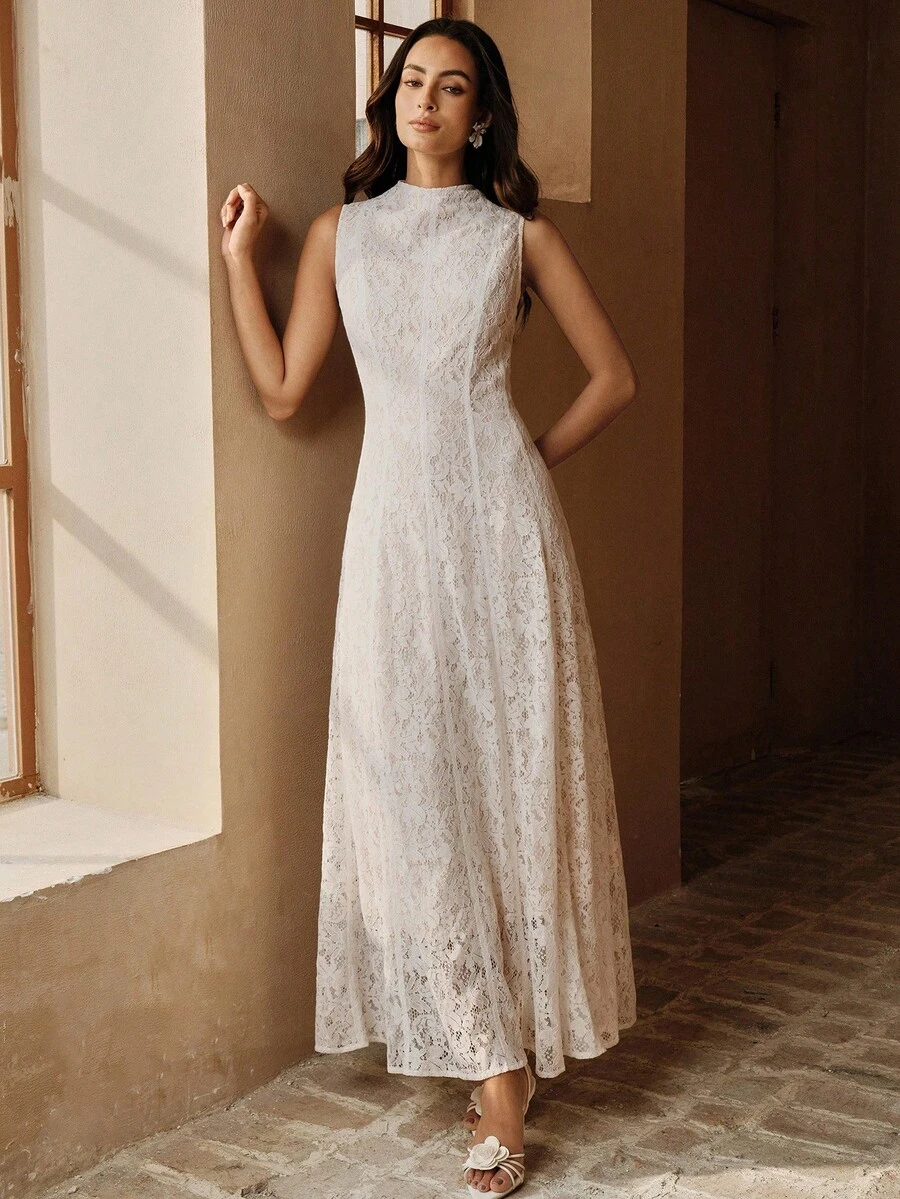 Anewsta 女士无袖长款蕾丝米色连衣裙，夏季新品 - 米色 - 查看 1