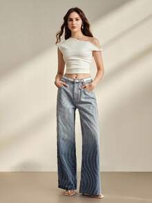Anewsta Pantalones vaqueros de mujer con gradiente azul de estilo jacquard para primavera/verano - Azul - Ver 2