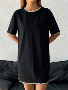 SHEIN EZwear Vestido corto casual y suelto de cuello redondo y manga corta, adecuado para el verano - Negro - Ver 5