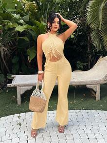 SHEIN SXY 夏季修身纹理流苏纯色露背吊带连体裤 - 黃色 - 查看 6