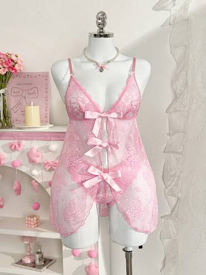 PetitDoll 2pcs Lace Women's Sexy Nightgown (Wireless, Triangle Panty)