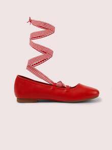 CUCCOO DOLLMOD Zapatos de ballet casuales de punta cuadrada con correa a cuadros rojos para mujeres y niñas, zapatos planos de nueva primavera de escote bajo y versátiles - Rojo - Ver 9