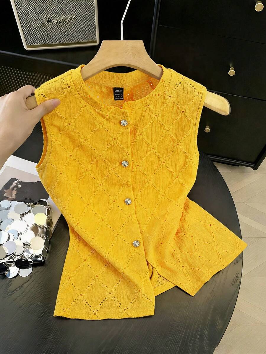 GlowEve Women's Summer Casual Vacation Solid Color Jacquard Decor Front Button Tank Top - Ginger - View 1