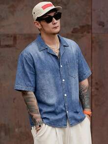 DAZY Washed Blue Denim Short Sleeve Shirt For Men Summer - Blue - View 4