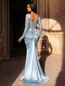 Glamrae Elegant Beaded & Sequin Patchwork Elastic Knit Ruched Mermaid Dress With Sheer Sleeves,Luxurious Heavily Embellished Gown For Wedding,Party & Formal - Baby Blue - View 2