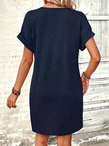 Qadelle Women's Solid Color V-Neck Raglan Sleeve Casual Minimalist Mini Dress, Summer - Navy Blue - View 2