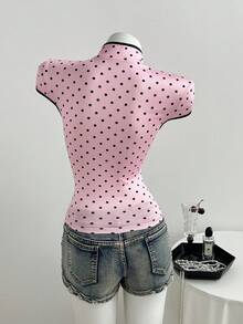 SHEIN SunnyBelle Women's Polka Dot Print Button Cuff Sleeve T-Shirt - Pink - View 2