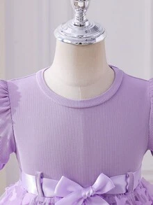 Glamorique Kids 'Young Girl' 素色圓領珍珠泡泡袖 3D 花朵優雅夏季洋裝附腰帶 - 紫色 - 查看 6