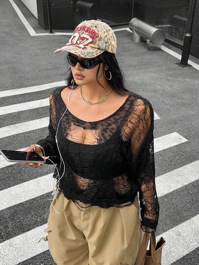 Muchica Plus Size Women Lace Patchwork Casual Versatile Daily Wear Knit Top