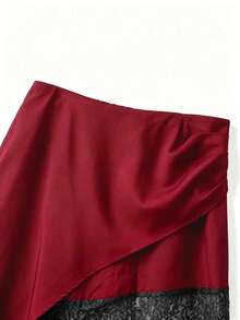 Rometta Plus Size Women's Asymmetrical Hem Ruched Lace Patchwork Skirt, Elegant For Commuting Gym And Outings Brown Autumn - Burgundy - View 5