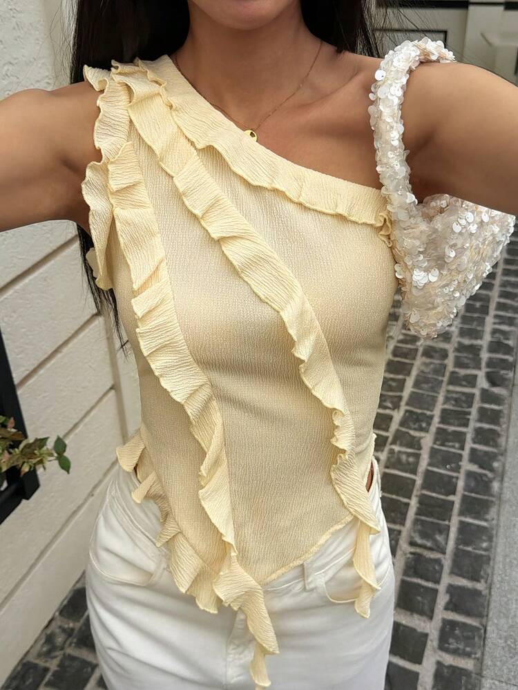 Women's Asymmetric Hem Ruffled Asymmetric Neck Camisole Summer