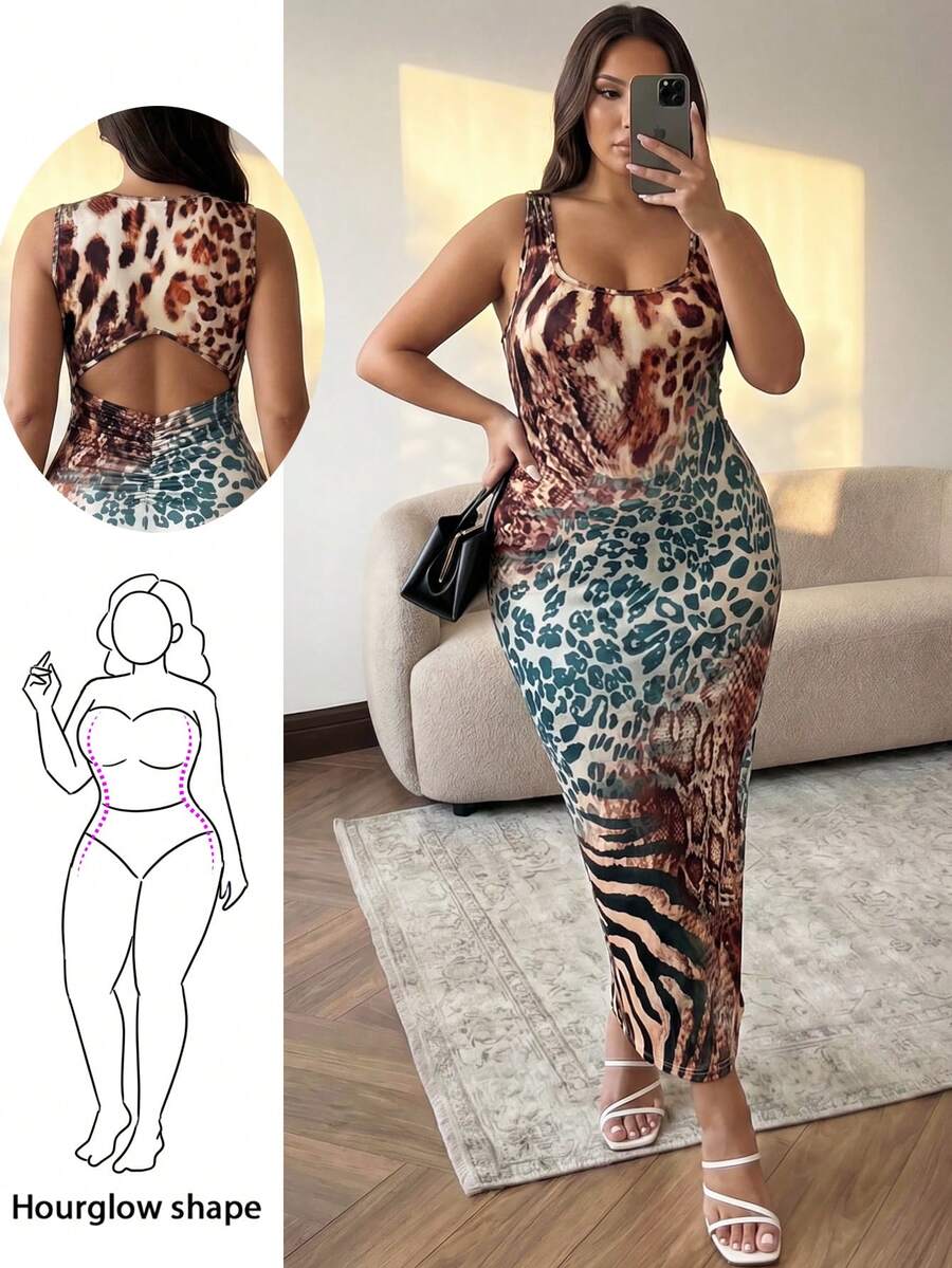 Hourglow 大码女式豹纹修身吊带连衣裙