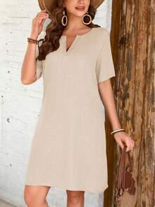 EMERY ROSE Casual Vacation Comfortable Short Sleeve Epaulet Decor Button Front Dress, Suitable For Women In Spring/Summer Vacation Beige - Apricot - View 3