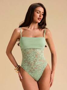 SHEIN BAE Schwarzes Spitzen-Patchwork sexy transparentes Camisole, Sommer schwarzes Spitzen Spaghetti-Träger Camisole, geeignet für Musikfestivals, sexy Camisole für Ausgehen - Minzgrün - Übersicht 7