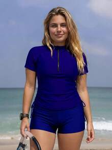 Swim SPRTY Set Tankini Kasual Lengan Pendek untuk Liburan Wanita Ukuran Plus - Royal Blue - View 2