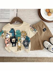 SHEIN Top casual de manga corta con cuello redondo y estampado de dibujos animados para bebé niño, adecuado para primavera/verano - Multicolor - Ver 3