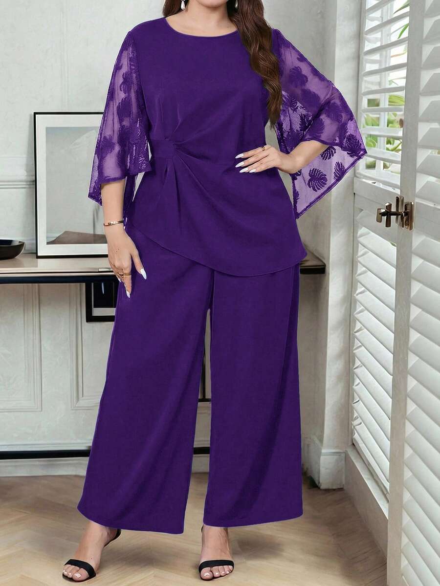 Reflora Plus Size Elegant Mesh Patchwork Top And Pants 2 Pieces Set - Purple - View 1