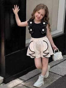 Girls' Sweet Design Set, Spring/Summer, 3D Flower & Pearl Decor Sleeveless Top + Contrast Ruffle Hem Shorts, 2pcs Set, Casual, Party, Daily Wear - Black - View 3