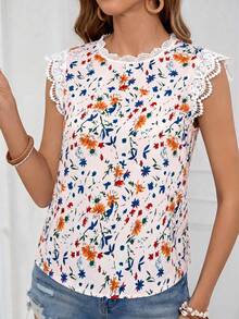 SHEIN VCAY Áo sơ mi nữ dệt in họa tiết, cổ tròn, có khuy cài và viền ren phối hợp, thích hợp cho kỳ nghỉ lễ. - Màu Hồng baby - Xem 3