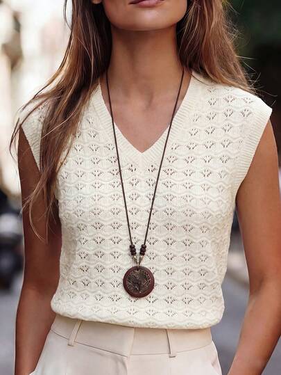 SHEIN Weißer, hohlmusteriger, modischer, minimalistischer, eleganter, lässiger Business-Vintage-Stil Kurz-Strickoberteil mit V-Ausschnitt, geeignet für Frühling/Sommer