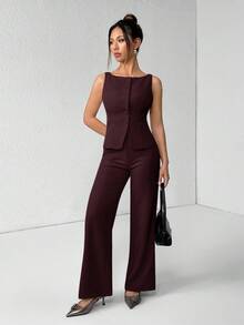 SHEIN PETITE 女款酒紅色夏季優雅辦公通勤套裝，純色圓領單排扣背心與長褲兩件套，商務休閒通勤穿搭，適合嬌小女性 - 紫紅色 - 查看 6