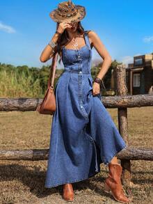 Breezaya Women's Casual Single-Breasted Strap Denim Dress - Blue - View 3
