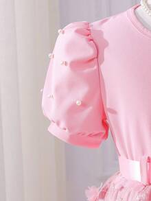 Glamorique Kids 女童珍珠袖3D立体花卉优雅连衣裙，配腰带，夏季 - 粉色 - 查看 8