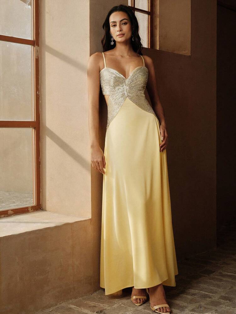 Women's Elegant Sequin & Beaded Long Dress, Suitable For Party, Banquet, And Formal Occasions