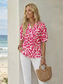 Camisa de mujer con estampado de leopardo rosa de estilo minimalista casual, adecuada para primavera/verano - Multicolor - Ver 4