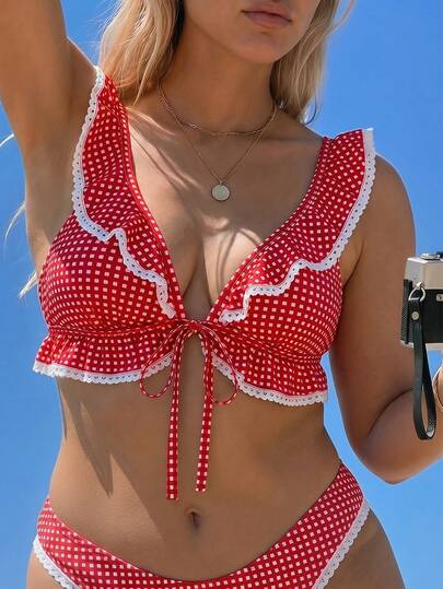 Swim Mod 2026 New Plus Size Cute Slimming Bikini Top | Retro French Gingham Print | Deep V Adjustable Tie, Enhances Cleavage | Ruffle Strap & Lace Trim Conceals Side Bust, Soft & Stretchy | Beach/Pool/Spa Vacation Swimwear