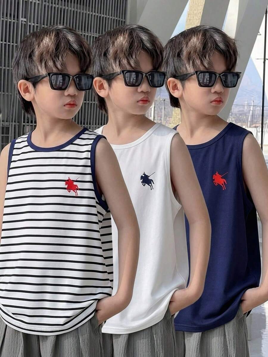 SHEIN 3件套儿童/青少年男童休闲简约经典学院风百搭条纹小马标志宽松舒适背心,适合春夏穿着 - 彩色 - 查看 1