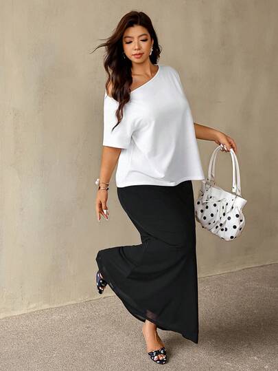 Auralis Plus Size Women Casual Contrast Color T-Shirt & Long Skirt 2 Pieces Set