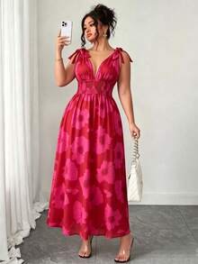 Rometta Große Größen Damen Urlaubsstil Blümchen Kleid, V-Ausschnitt ärmelloses Taille gerafft Schlank Langes Kleid, Strand Batik Blumen Maxi Kleid - Heißes Pink - Übersicht 3