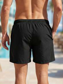 Solantero Plus Size Men's Solid Color Drawstring Waist Beach Shorts, Holiday - Black - View 2