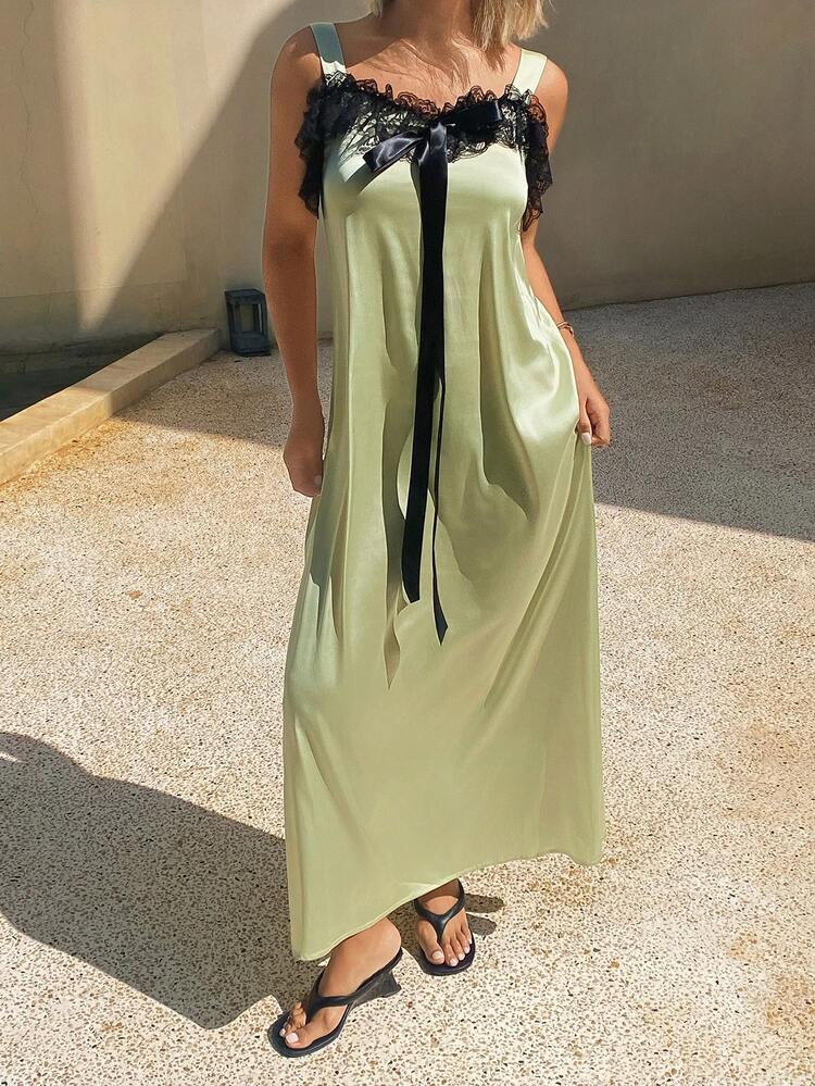 Women's Sexy Green Lace Patchwork Bow Decor Sleeveless Nightgown