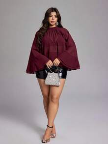 Viva Relle Plus Size Women's Burgundy Stand Collar Ruffle Trim Sheer Chiffon Cape Top, Vintage Sweet & Spicy Date , Spring/Summer - Burgundy - View 1
