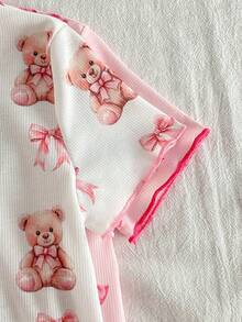 4 Stücke/Set Kleine Mädchen Süßer Bär & Schleife Muster Kurzarm Top und Hose Pyjama Set - Verschiedenfarbig - Übersicht 4