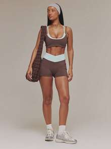 Musera Sport Contrast Cross Over Waistband Active Shorts Sports Workout Gym Pilates Fitness Daily Casual Aqua - Brown - View 5