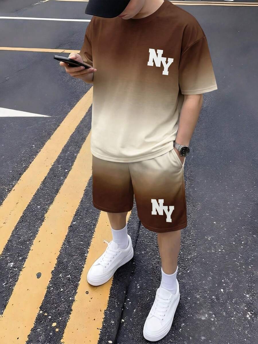 Conjunto deportivo informal de manga corta y pantalones cortos con diseño de degradado y estampado de letras de NY para adolescentes, primavera/verano - Multicolor - Ver 1