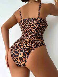 SHEIN Swim 豹纹可调节肩带性感女士背心吊带比基尼套装，夏季 - 咖啡棕 - 查看 2